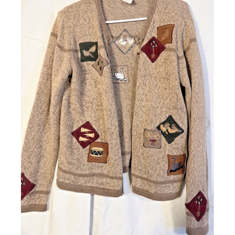 Grannycore Sweater Cardigan Birds Quirky Pattern Earthy Boho Women's Small Indie